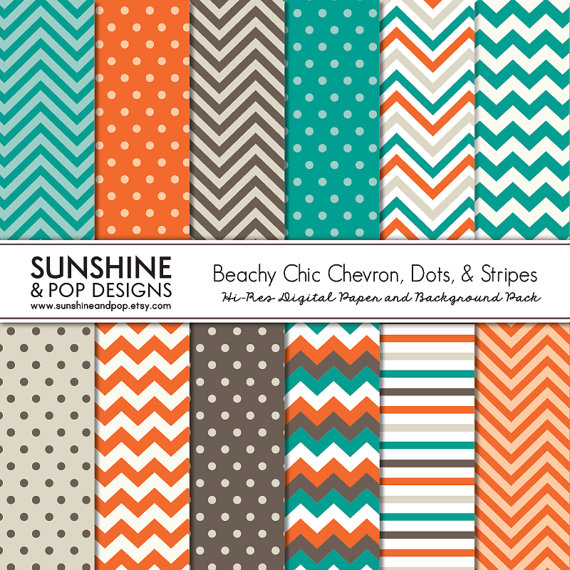  Stipes Polka Dot Teal Coral for scrapbooking invitations backgrounds