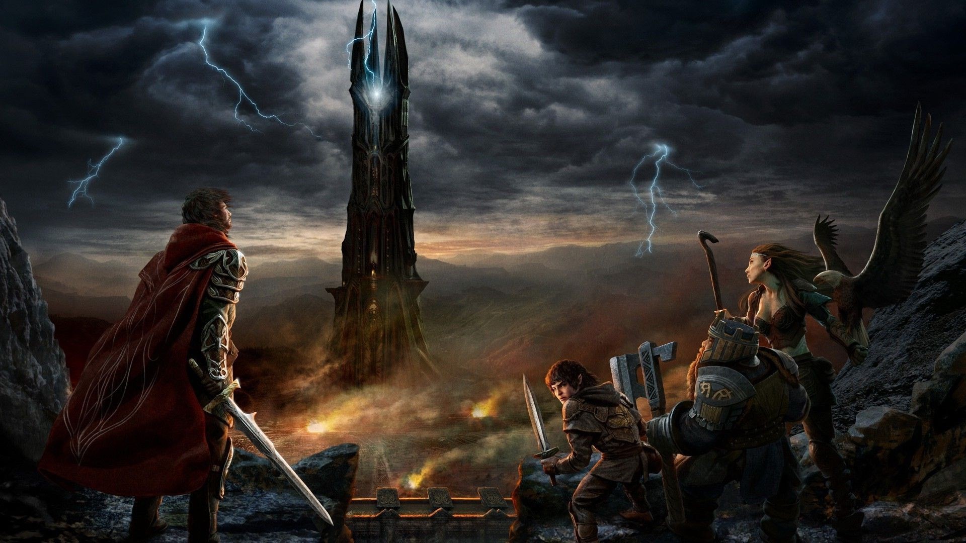 A group of fantasy characters, including a man in a red cape, a dwarf, an elf, and a hobbit, stand before a dark tower amidst a stormy landscape. This scene evokes the world of Lord of the Rings