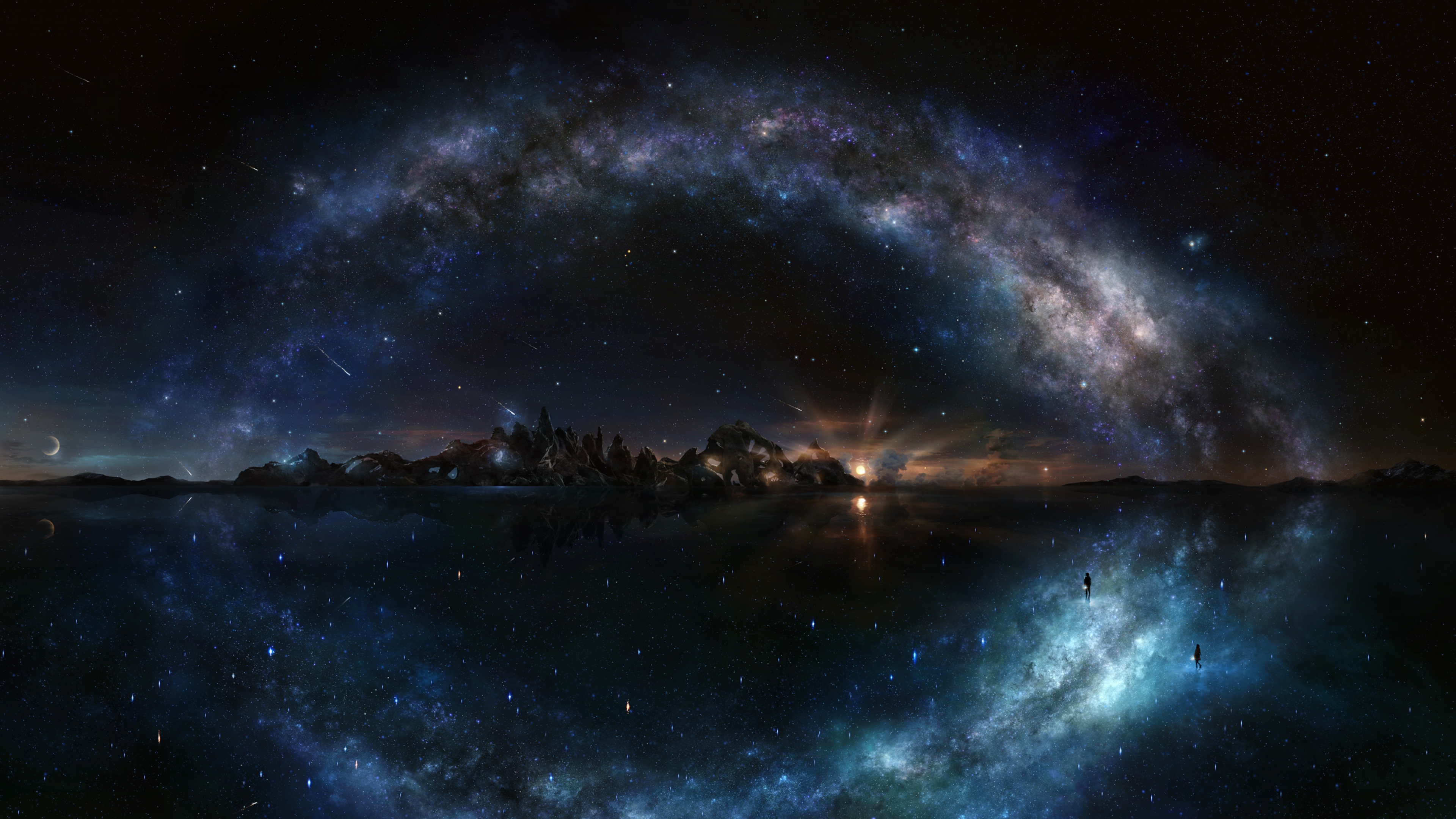  sky Shine Water Island Rock Galaxy Wallpaper Background 4K Sony