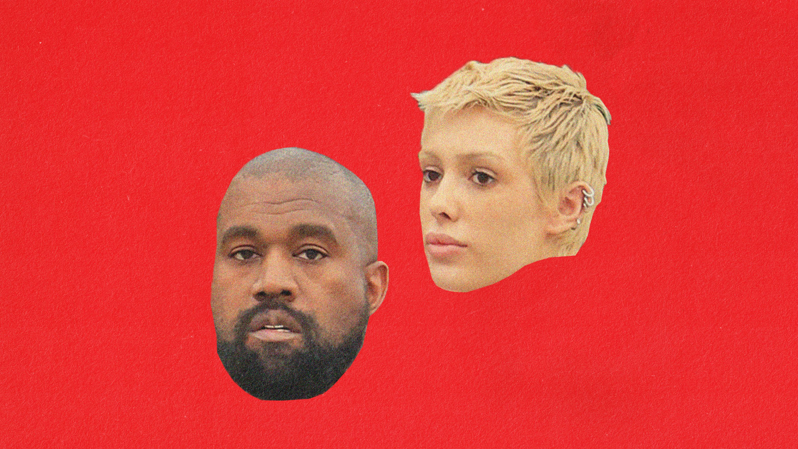 Close-up portrait of Kanye West and Bianca Censori against a vibrant red backdrop