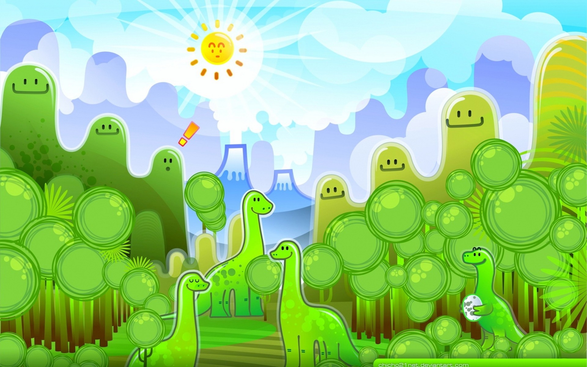 Whimsical and cute illustration of smiling dinosaurs in a vibrant green prehistoric landscape with bubble-like trees, a happy sun, and cartoon volcanoes in the background
