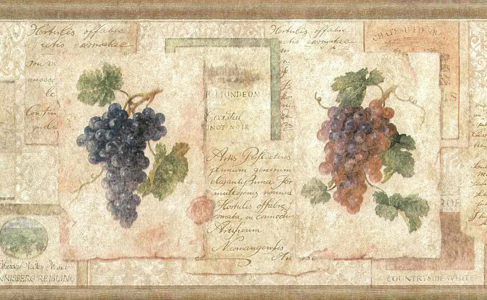 Wine Grapes Labels Wallpaper Border Chardonnay Reisling Beige York