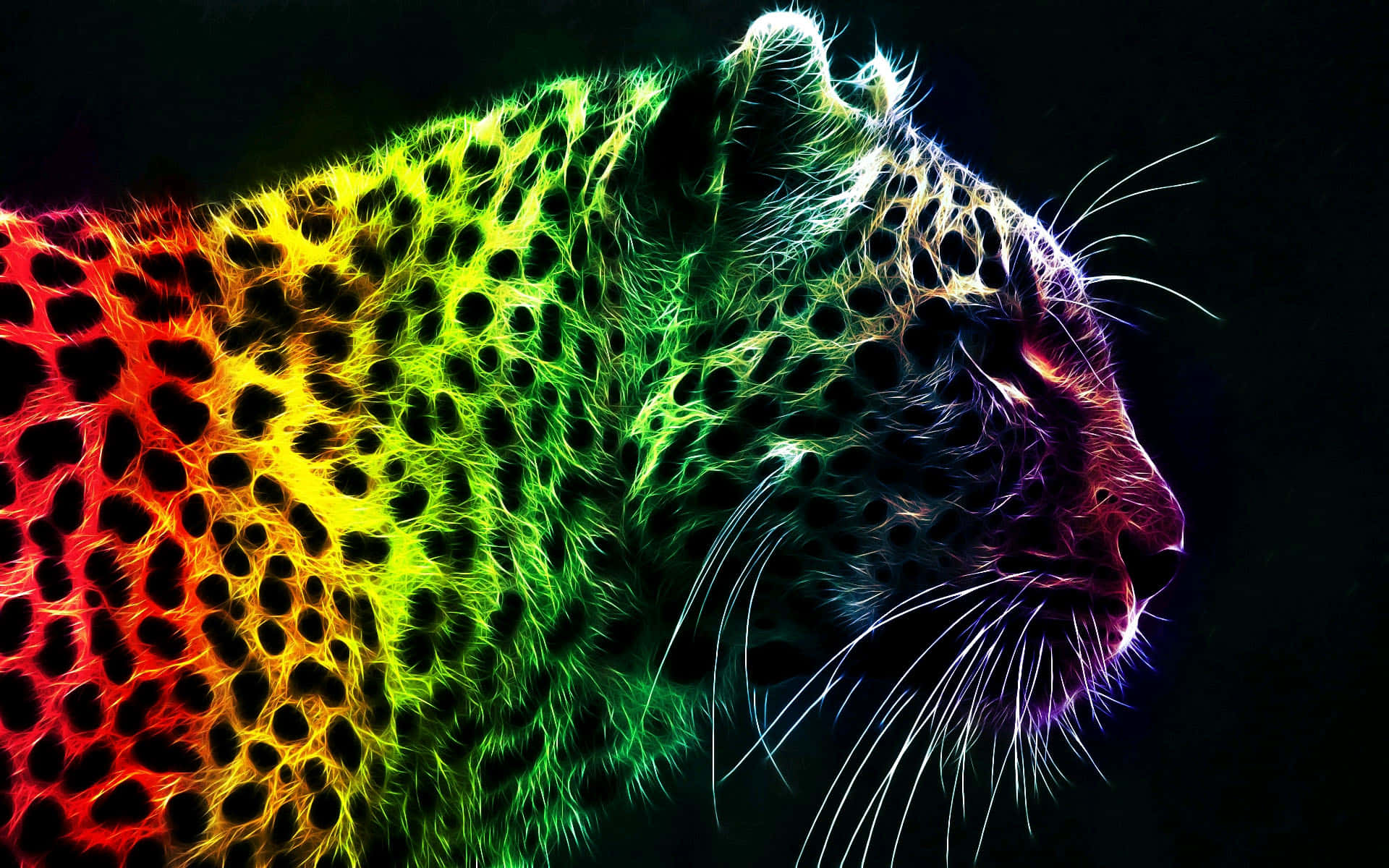 A vibrant neon-colored leopard with glowing fur and spots, set against a black background. This stylized image captures the essence of a leopard with an electrifying twist, perfect for a glitter leopard theme