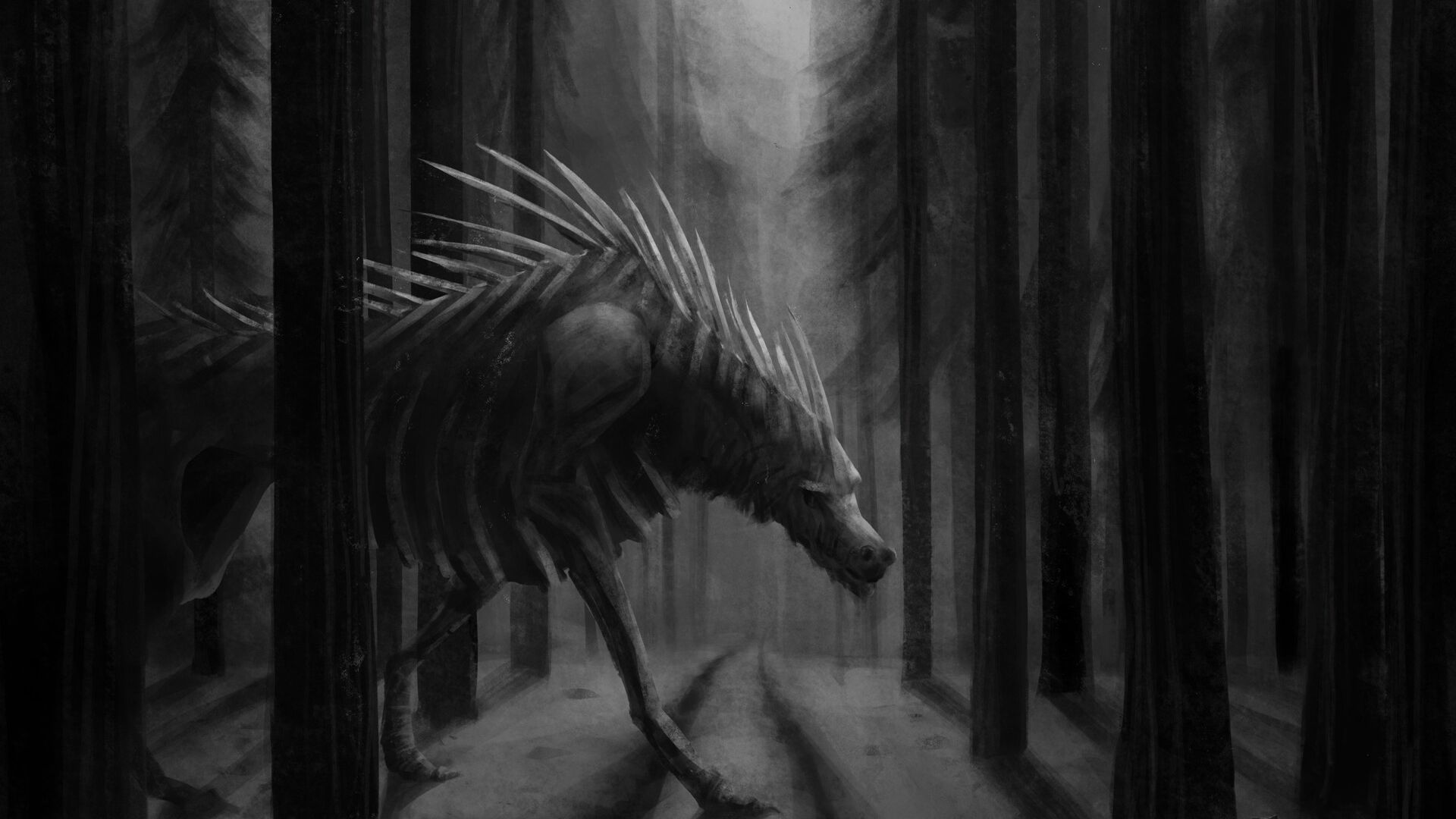 Wallpaper Beast Skeleton Forest Fantasy Black And White Art Full HD