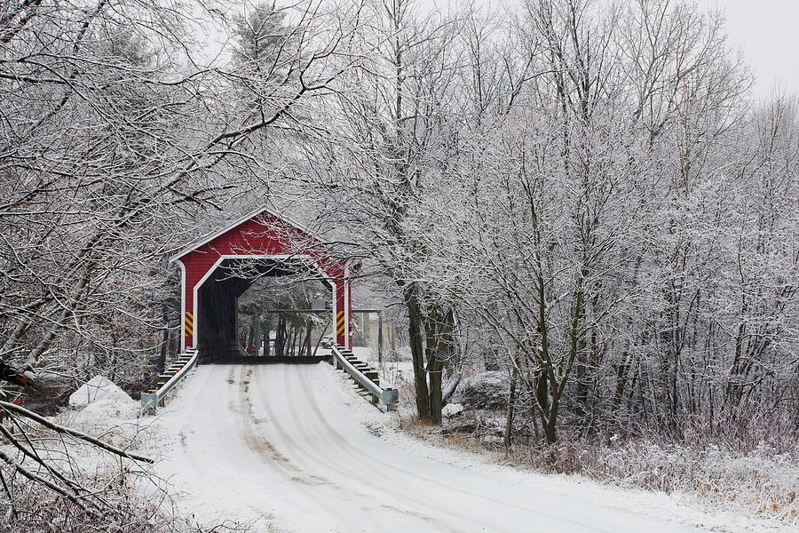 Bridge Photograph Red Covered In The Winter By David Chapman