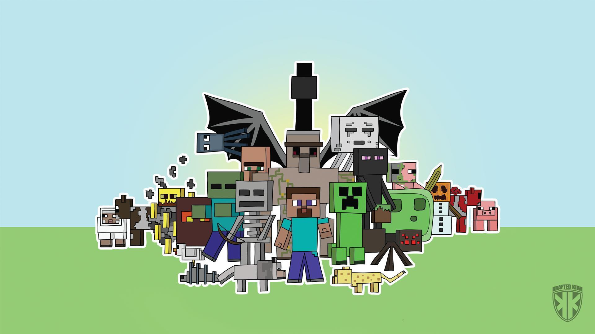 A collection of pixelated Minecraft characters, including Steve, a creeper, a zombie, and others, set against a simple green and blue background