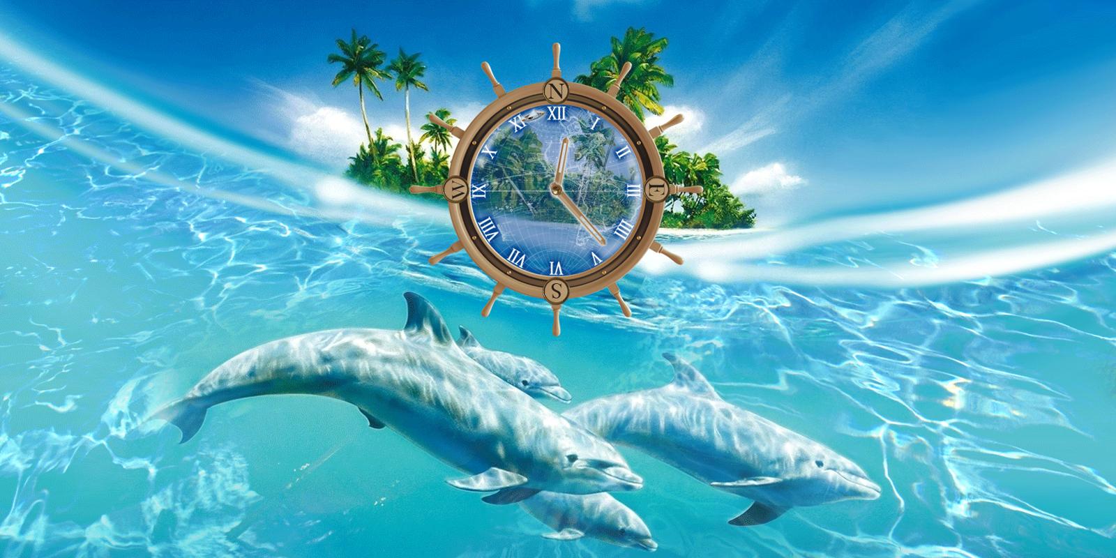 Animated live wallpaper depicting dolphins swimming beneath a tropical island with a ship's wheel clock