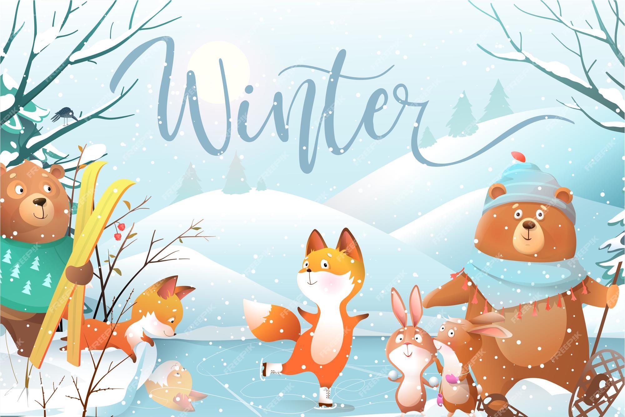 Premium Vector Winter landscape with kids animals playing skiing