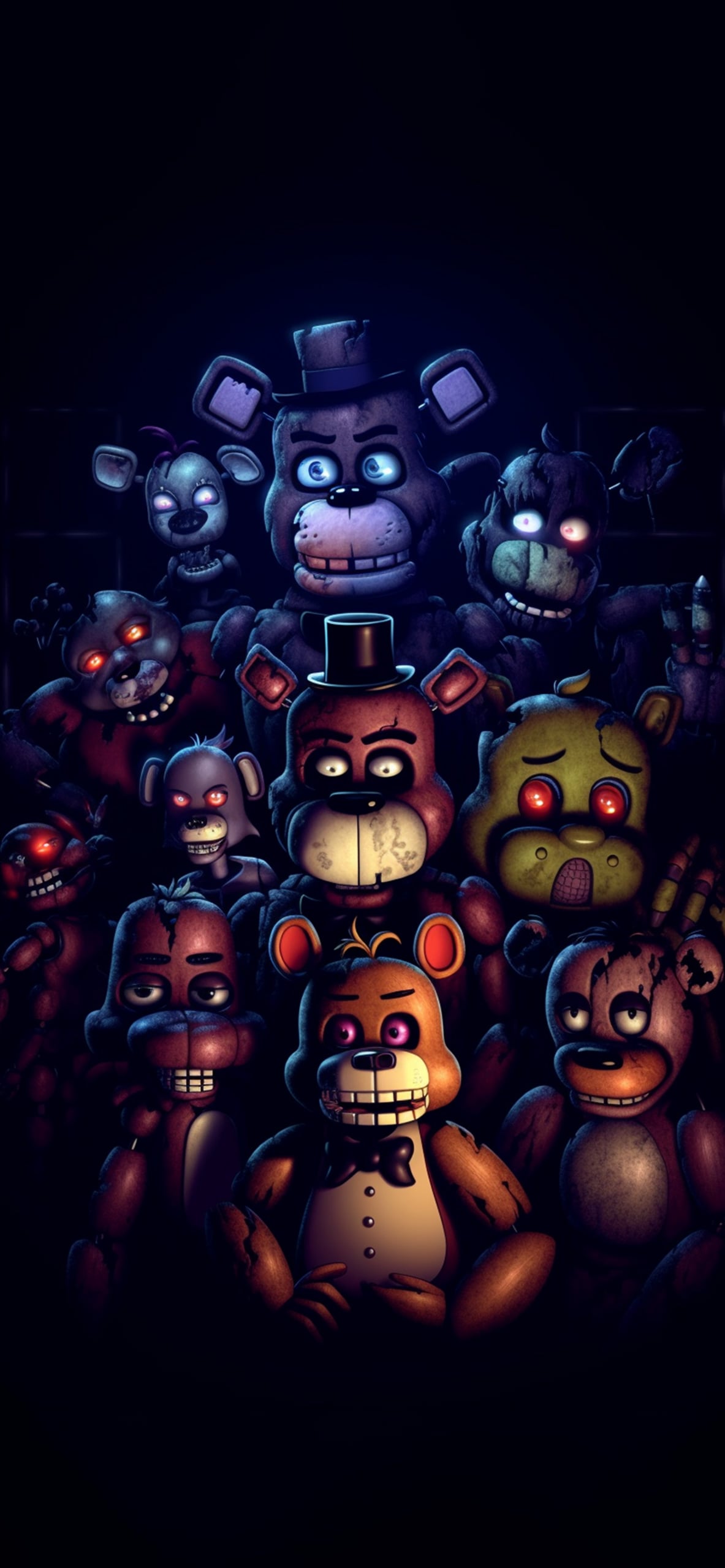 A chilling group portrait of various animatronics from the Five Nights at Freddy's (FNAF) series, including Freddy Fazbear, Bonnie, Chica, and Foxy, with glowing eyes in a dark setting