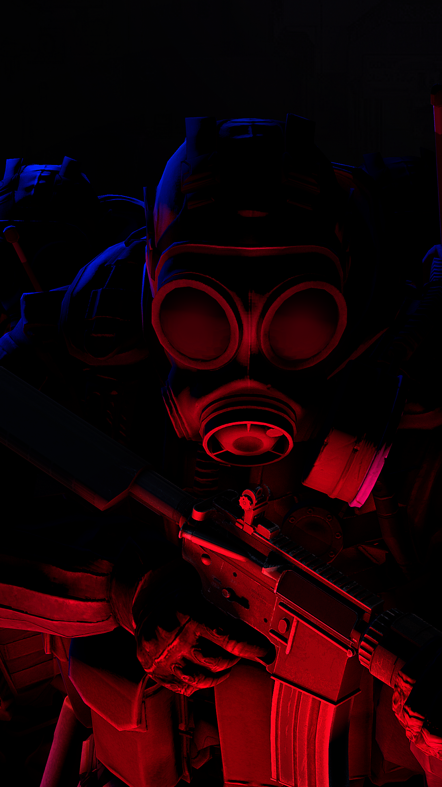 A soldier in tactical gear, wearing a gas mask and holding a rifle, illuminated by dramatic red and blue lighting. Perfect for CS:GO fans