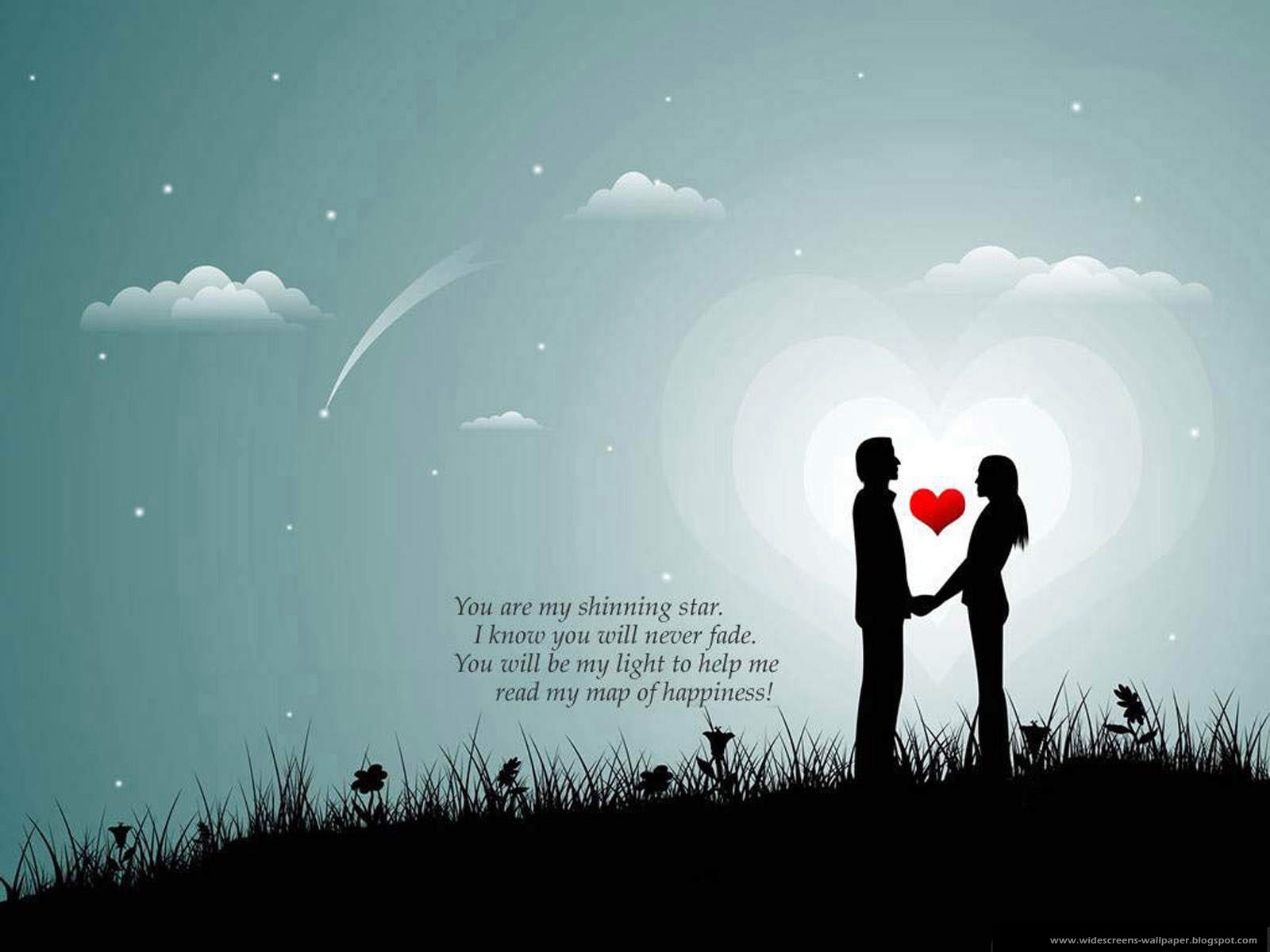 Silhouette of a couple holding hands under a starry night sky with a shooting star and a red heart between them, symbolizing romantic love and happiness