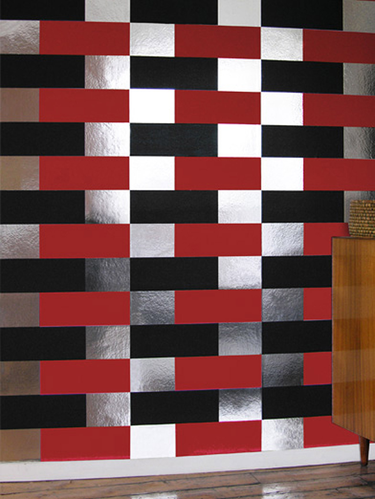 Erica Wakerly Block Black Red Silver Wallpaper