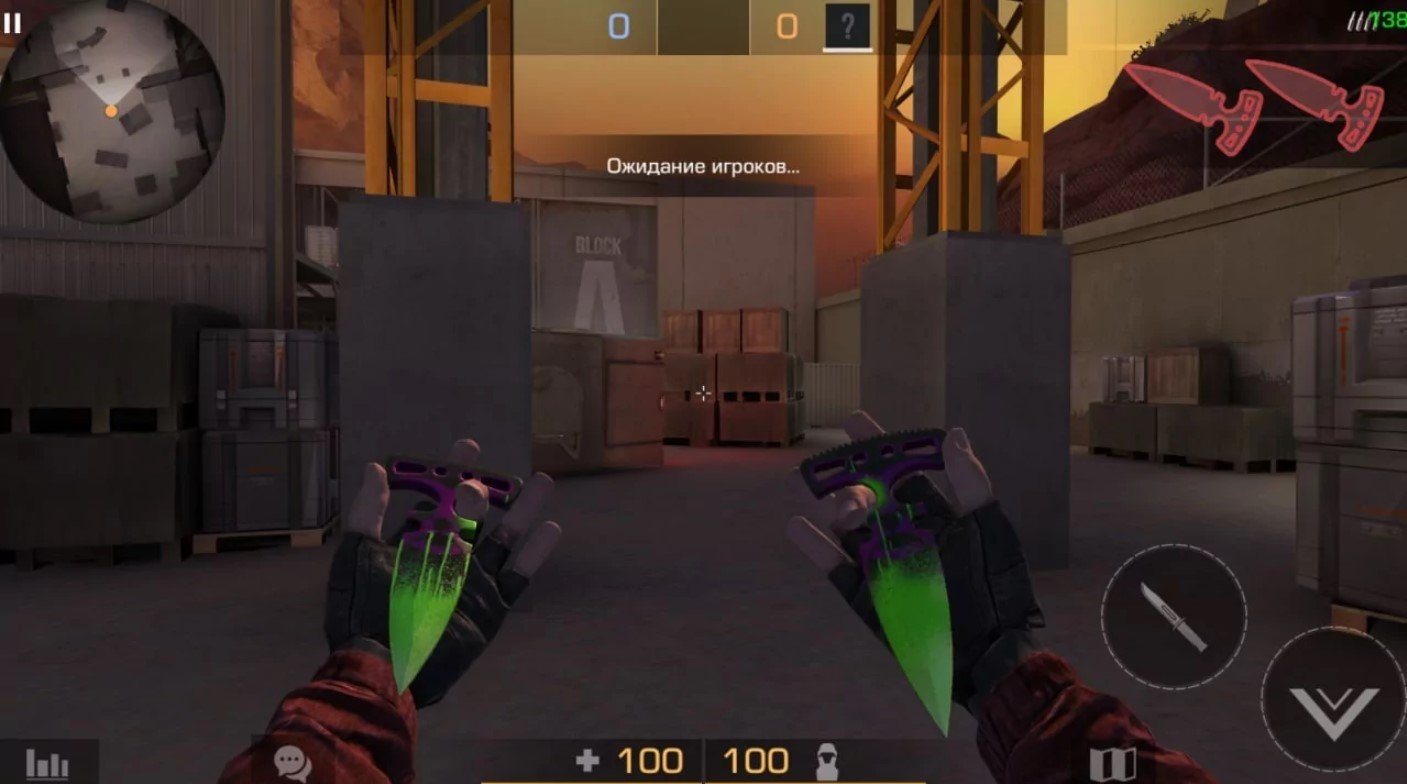 Standoff 2 gameplay screenshot featuring dual-wielded knives in a warehouse setting
