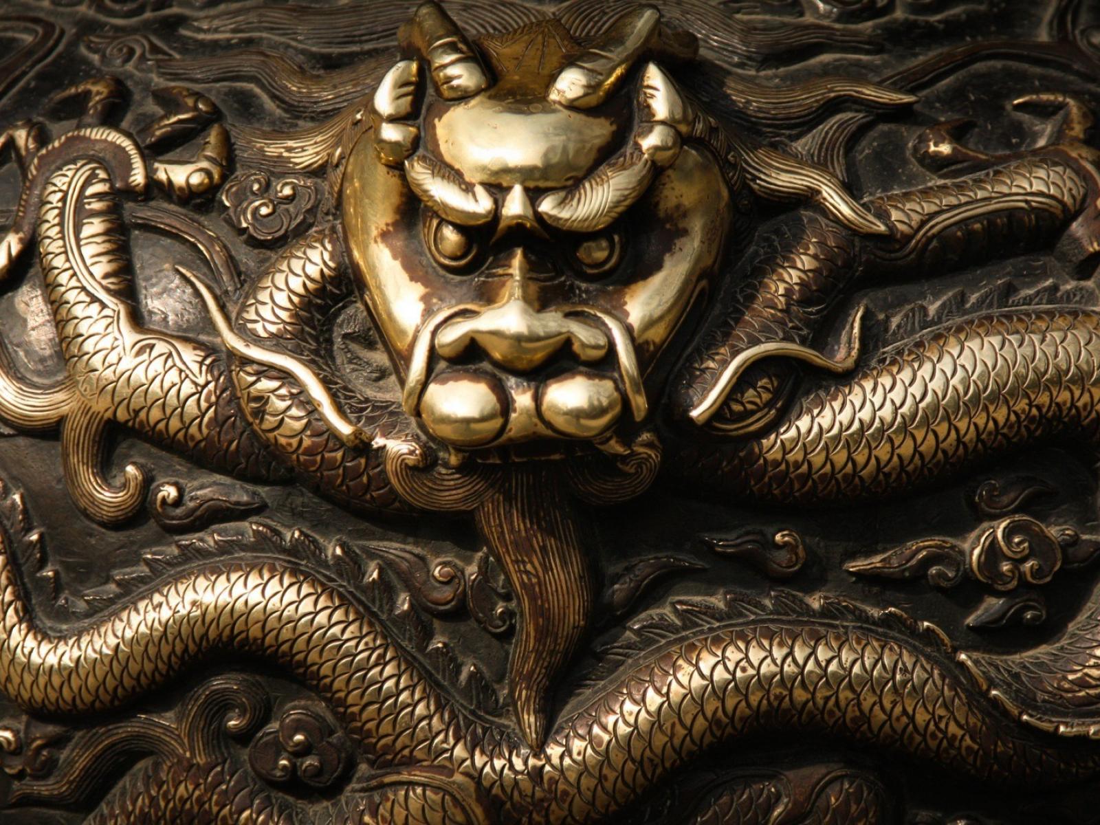 Dragons metallic oriental bronze asian art wallpaper