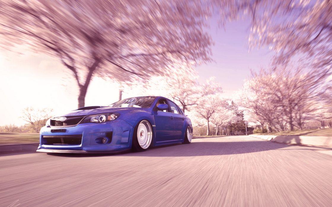 Subaru Wrx Sti Pink Trees Motion Blur Slammed Tuning Wallpaper