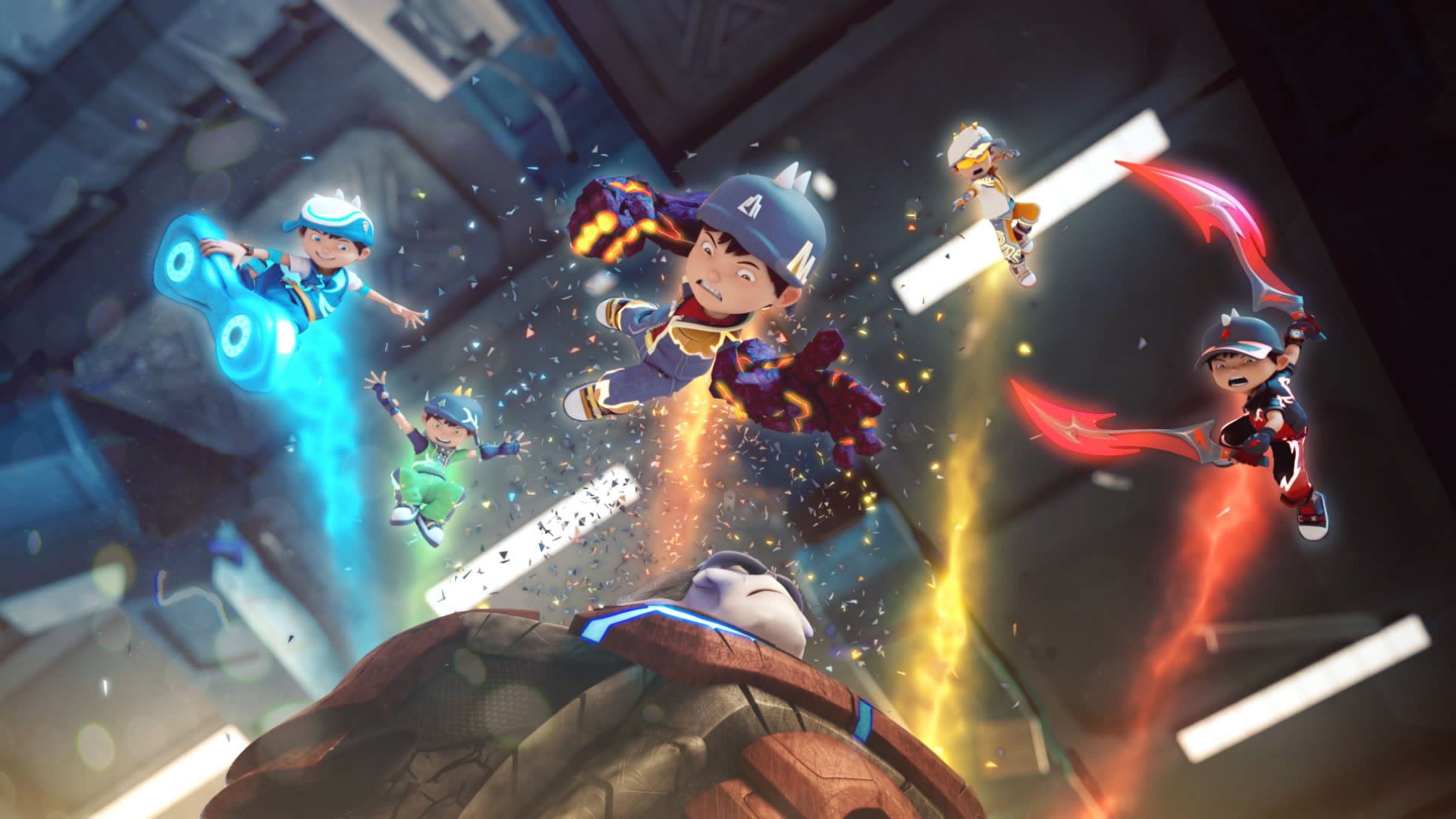 BoBoiBoy and friends in action-packed scene, 4k wallpaper