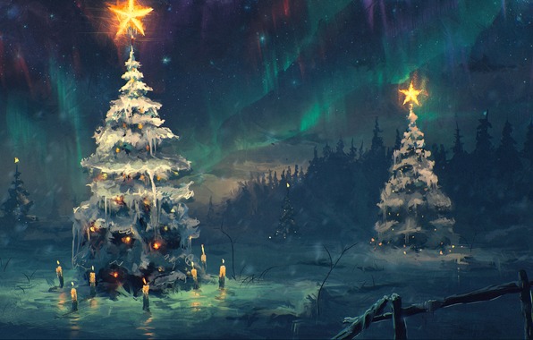Northern Lights Sky Stars Night Winter Trees Snow Candle Star