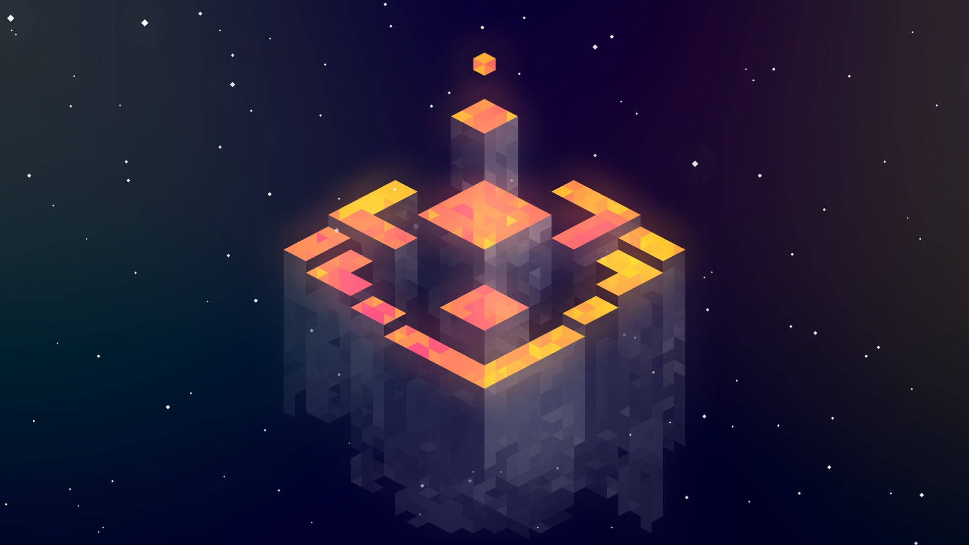A pixel art image of a floating Minecraft-style structure in space. The structure is made of glowing orange and yellow blocks and floats above a dark, pixelated cloud. The background is a dark, starry sky, creating a mystical and otherworldly atmosphere