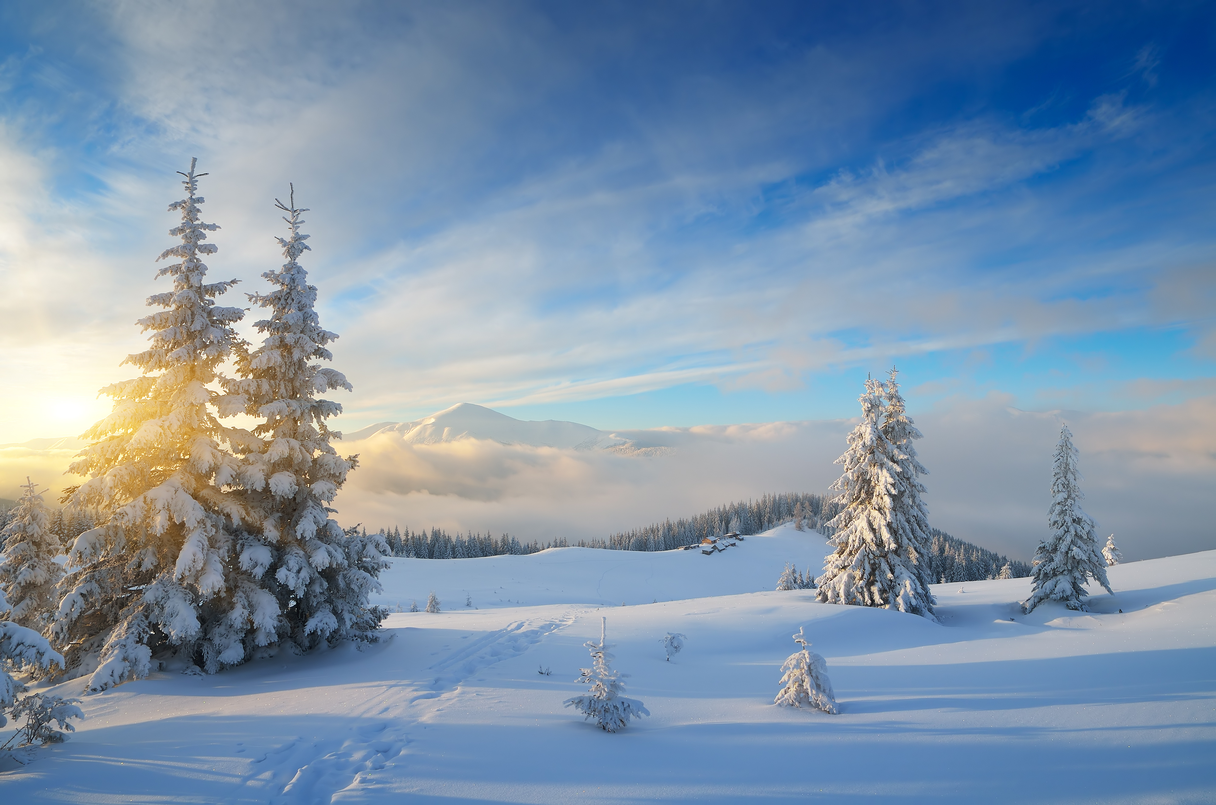 Stunning 4k winter landscape with snow-covered trees and mountains at sunset