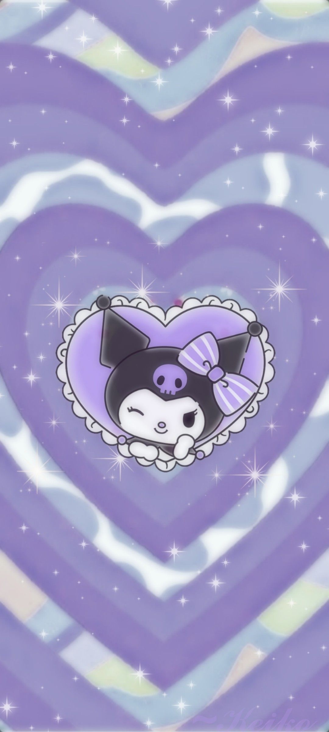 A whimsical purple wallpaper featuring Kuromi, the popular Sanrio character, winking playfully. The background is a swirl of pastel purples and blues, adorned with sparkling stars, creating a dreamy and cute aesthetic. Kuromi is placed in the center within a heart-shaped frame, adding to the overall charm