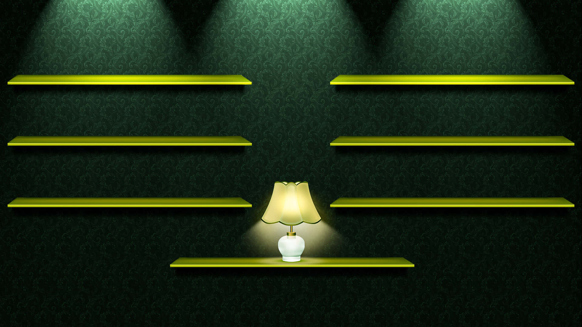 Empty green shelves on a dark green patterned wall, illuminated by a lamp on one of the lower shelves