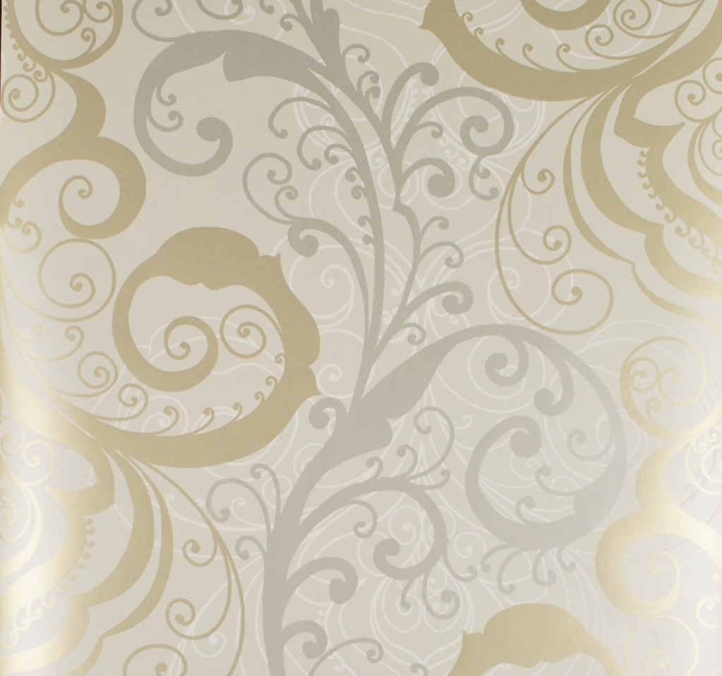 Scroll Damask Wallpaper Contemporary Grey Gold Taupe