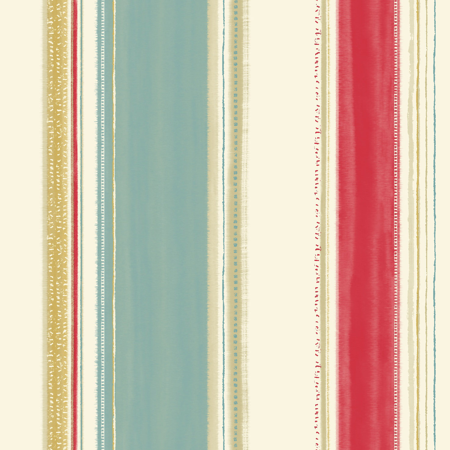  stripe in soft teal red and gold accents on a cream ground