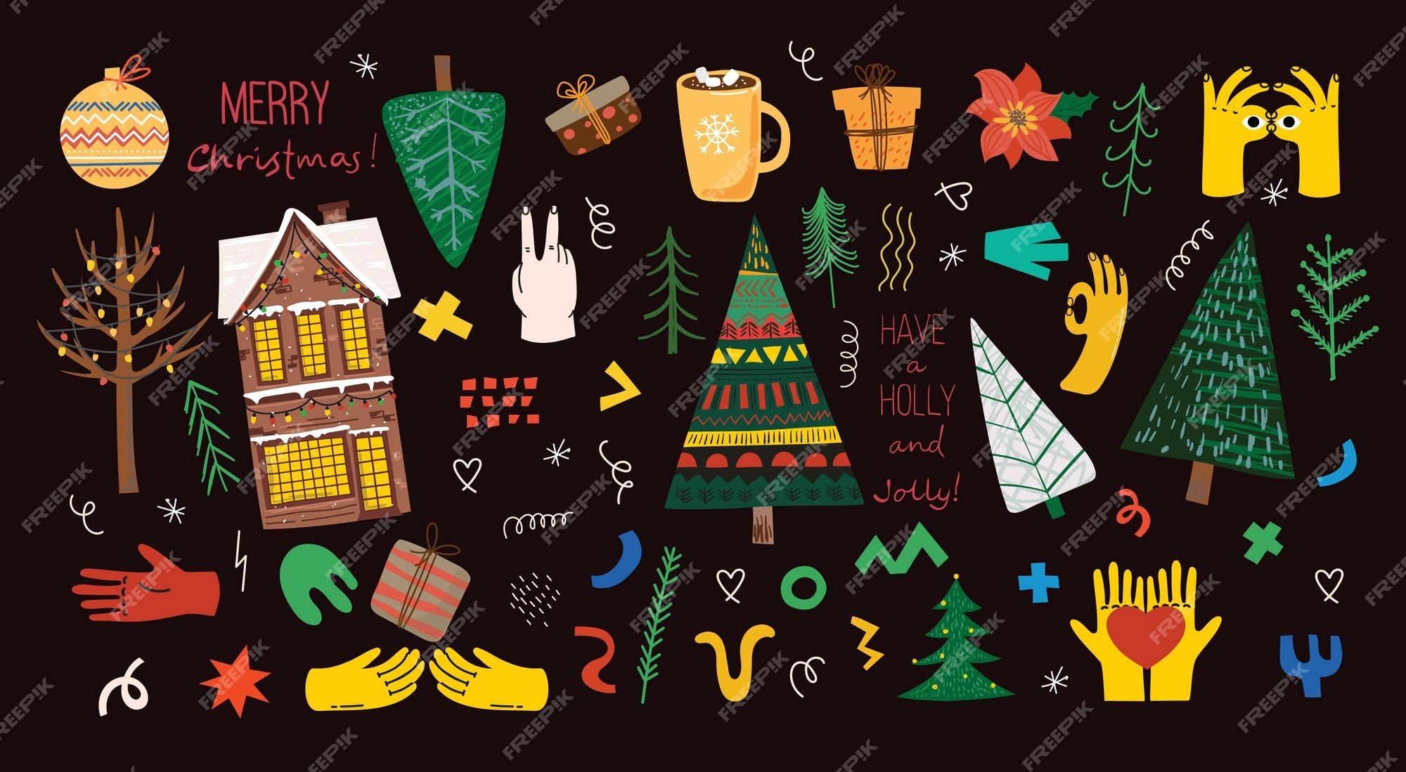Premium Vector Cute cartoon character and christmas elements for