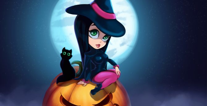 Cute Witch And Kitten Halloween Art Wallpaper HD Image Picture