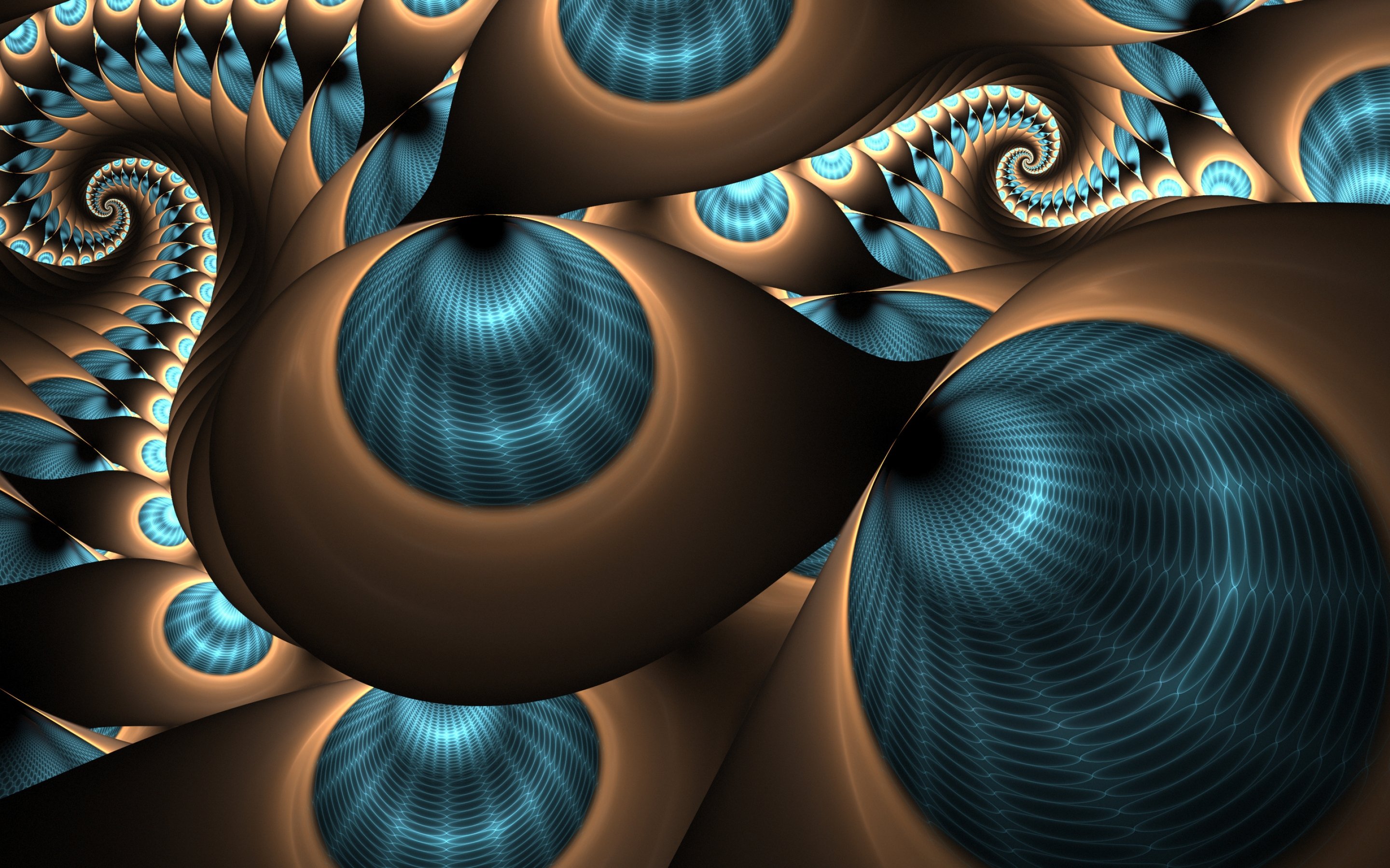 Abstract digital art featuring a swirling fractal pattern with teal and brown hues. This dynamic image evokes a sense of depth and movement, suitable for a computer background