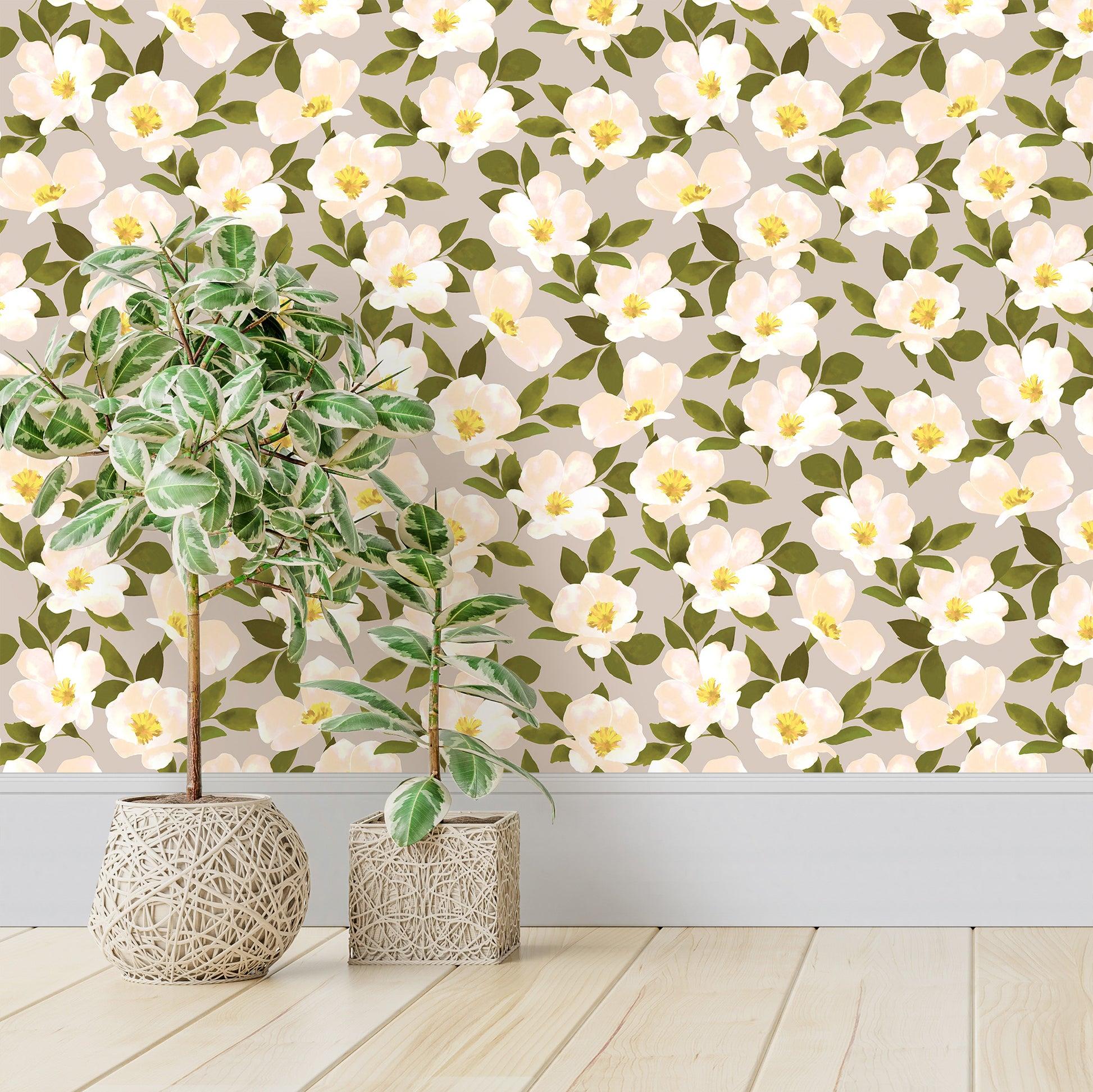 White Flower Beige Floral Traditional And Removable Wallpaper