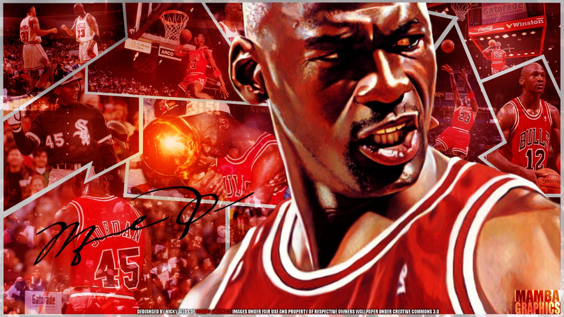 A collage of Michael Jordan images showcasing his basketball career highlights, including his time with the Chicago Bulls and his brief stint in baseball. The dominant image is a close-up of Jordan's face, highlighting his intensity and determination