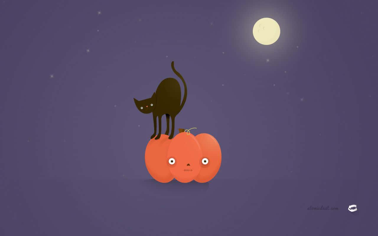 A Cat Is Sitting On Pumpkin In The Dark Wallpaper