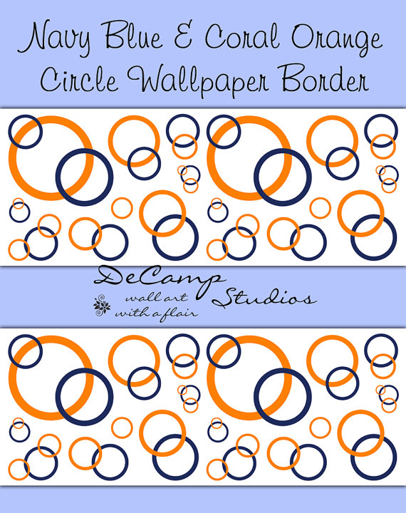 Items similar to NAVY BLUE CORAL Orange Circle Wallpaper Border Wall