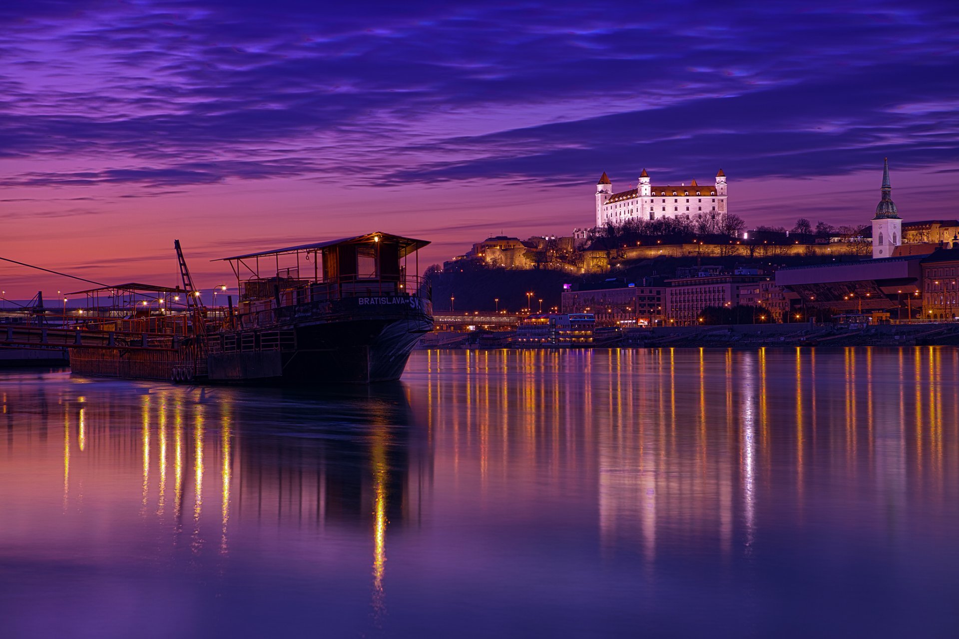Slovakia Bratislava Town Capital Night Architecture Light