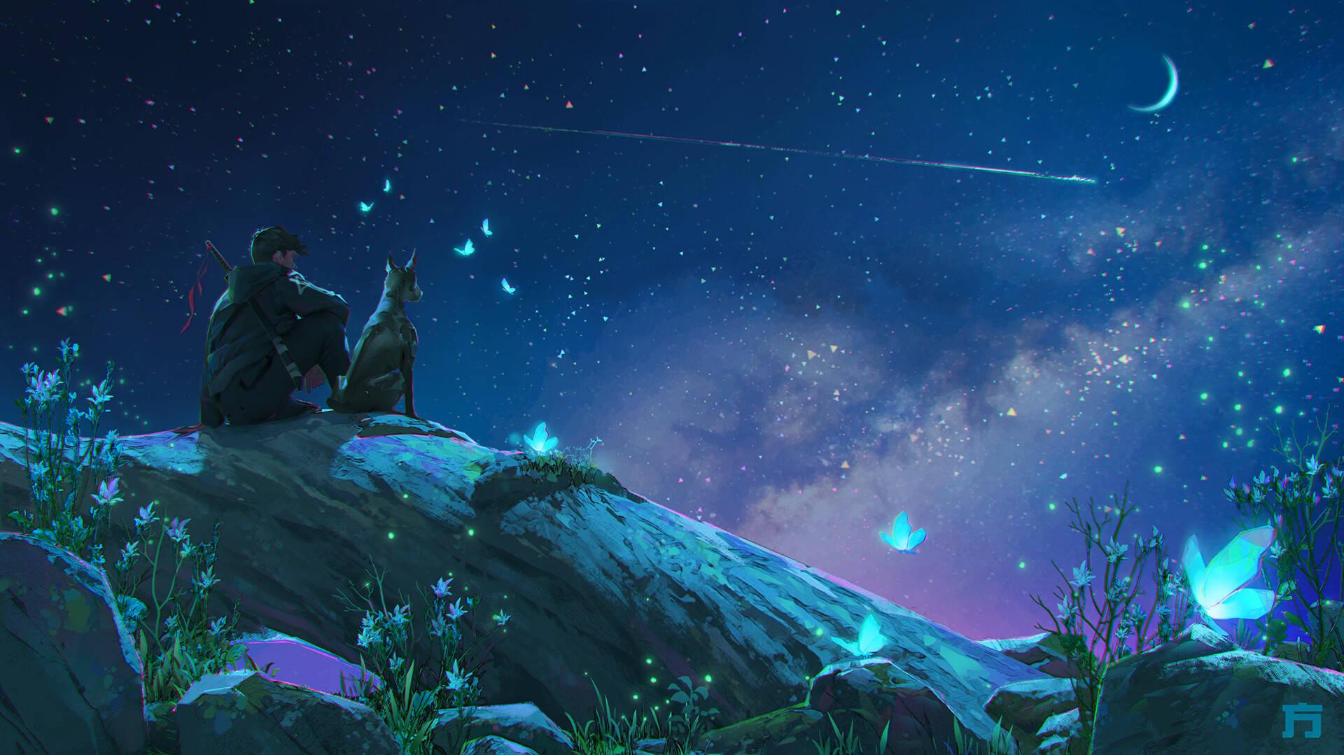 Download Under Night Sky Alone Boy Anime Wallpaper