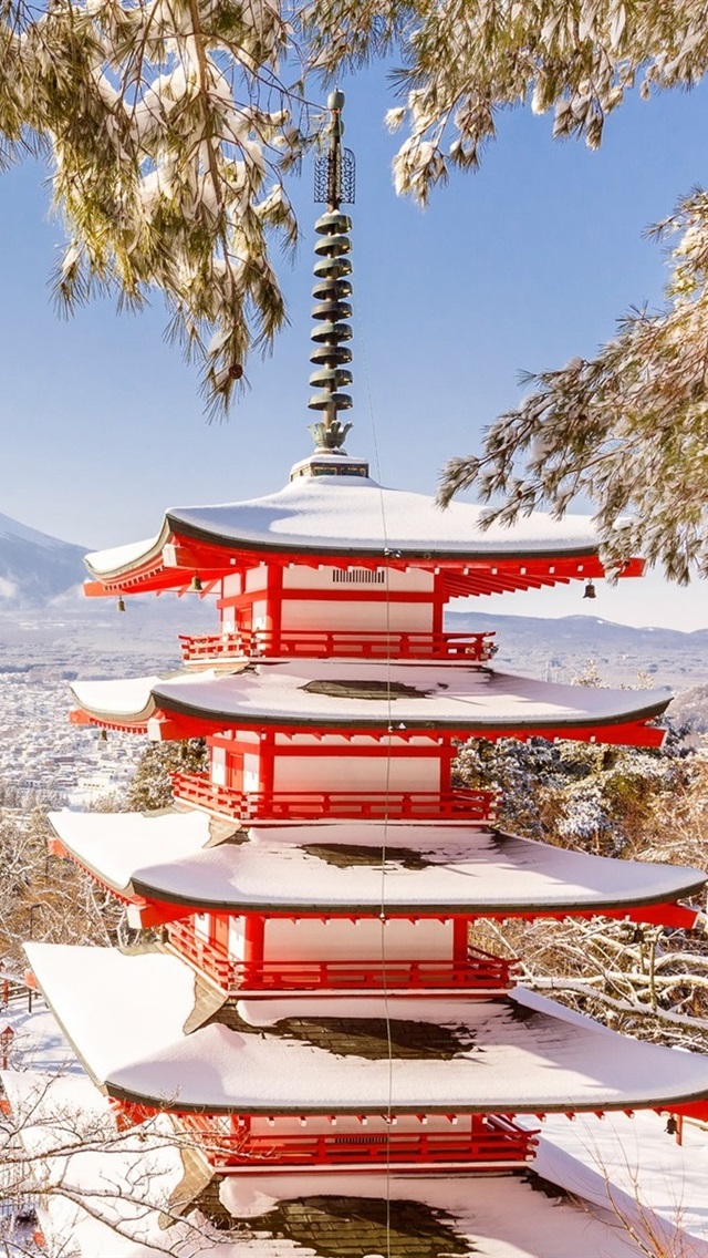 Japan Fuji Mount Pagoda Winter Snow Trees iPhone