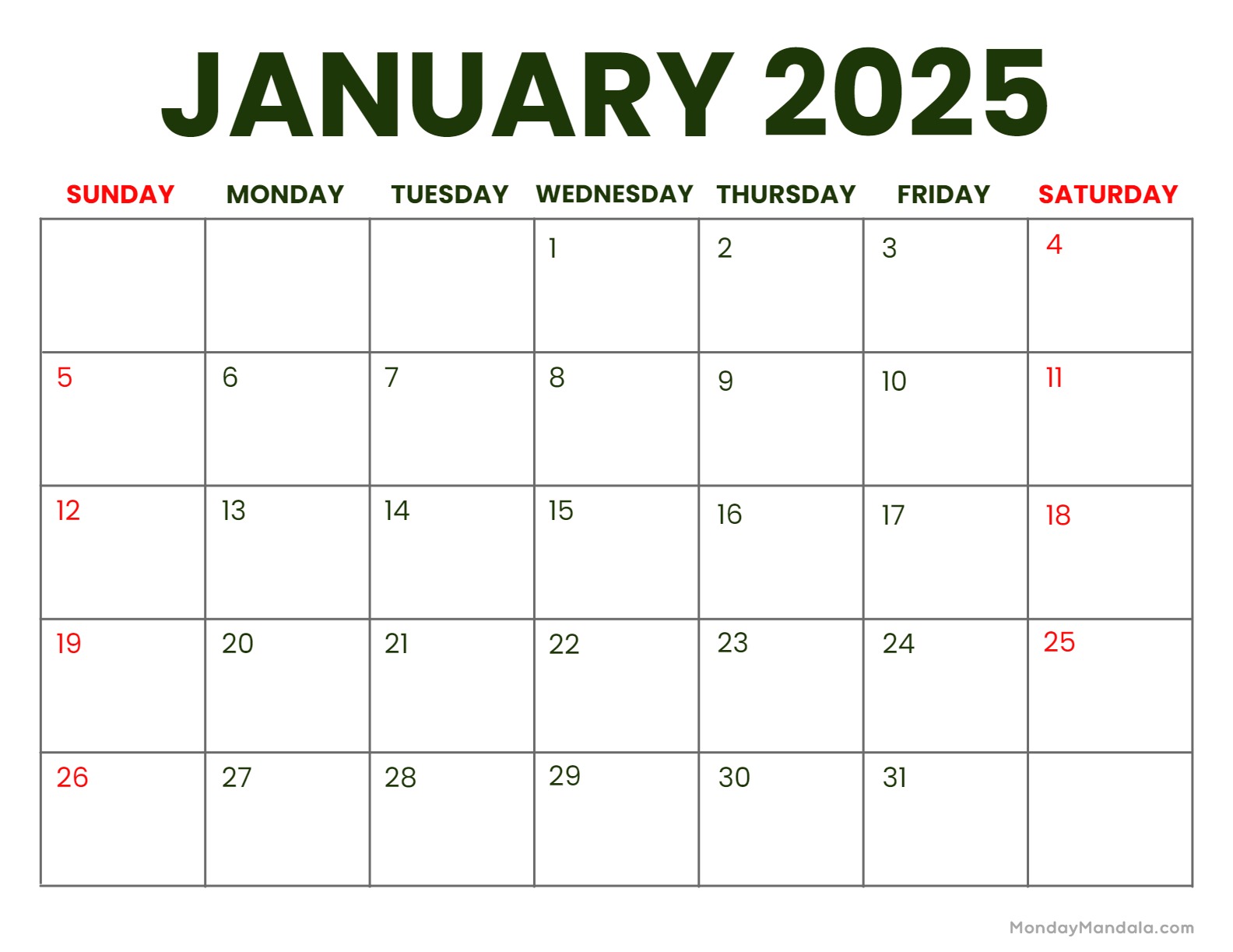 January 2025 calendar with a clean, minimalist design. Perfect for desktop or mobile wallpapers