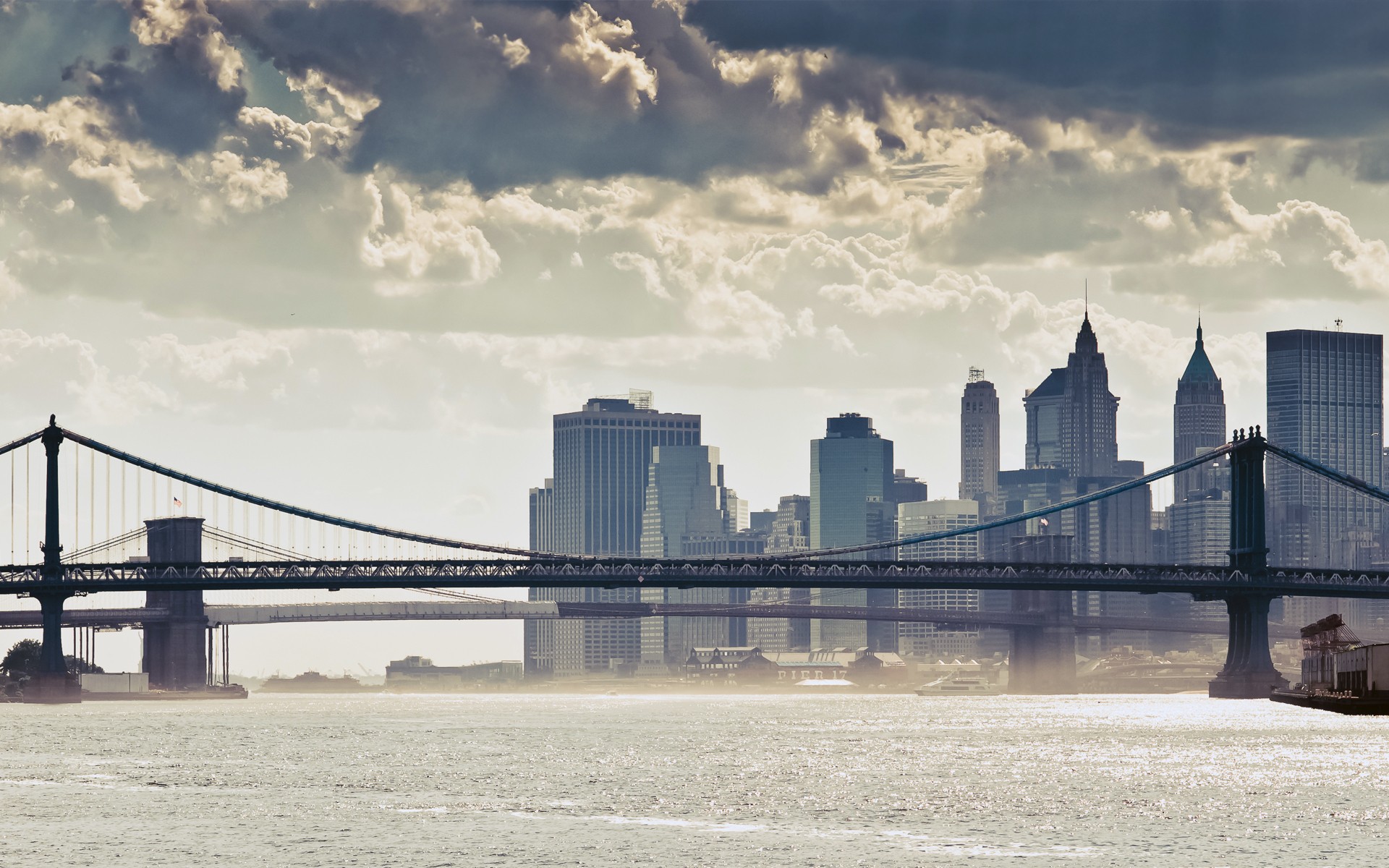 New York Manhattan Bridge Clouds Wallpaper And Stock