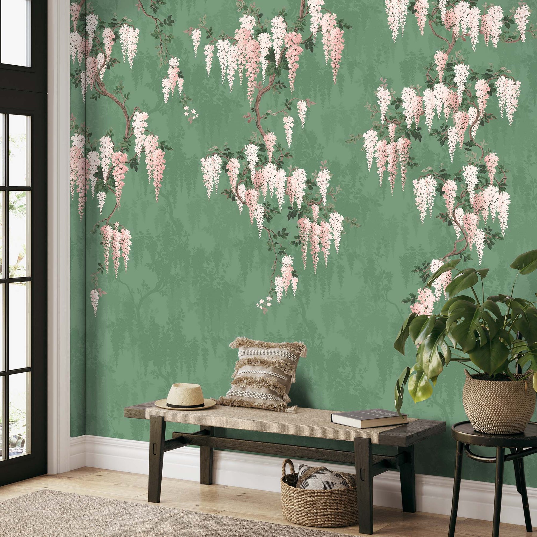 Wisteria Botanical Green Wall Mural Wallpaper Pink Bright Floral