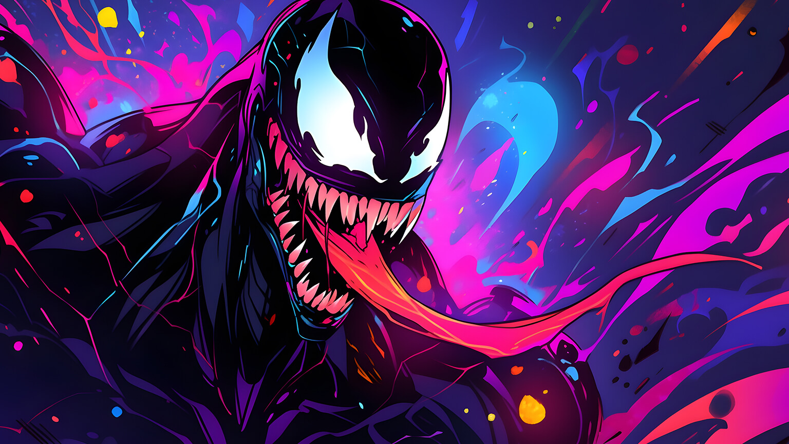 A vibrant illustration of Venom, the Marvel Comics anti-hero, against a backdrop of dynamic, neon-colored splashes. His sharp teeth and extended tongue are prominent, adding to his menacing appearance