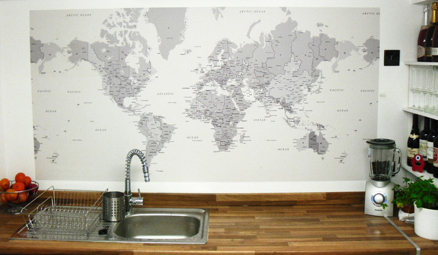World Map Wallpaper Used As A Splashback Eclectic