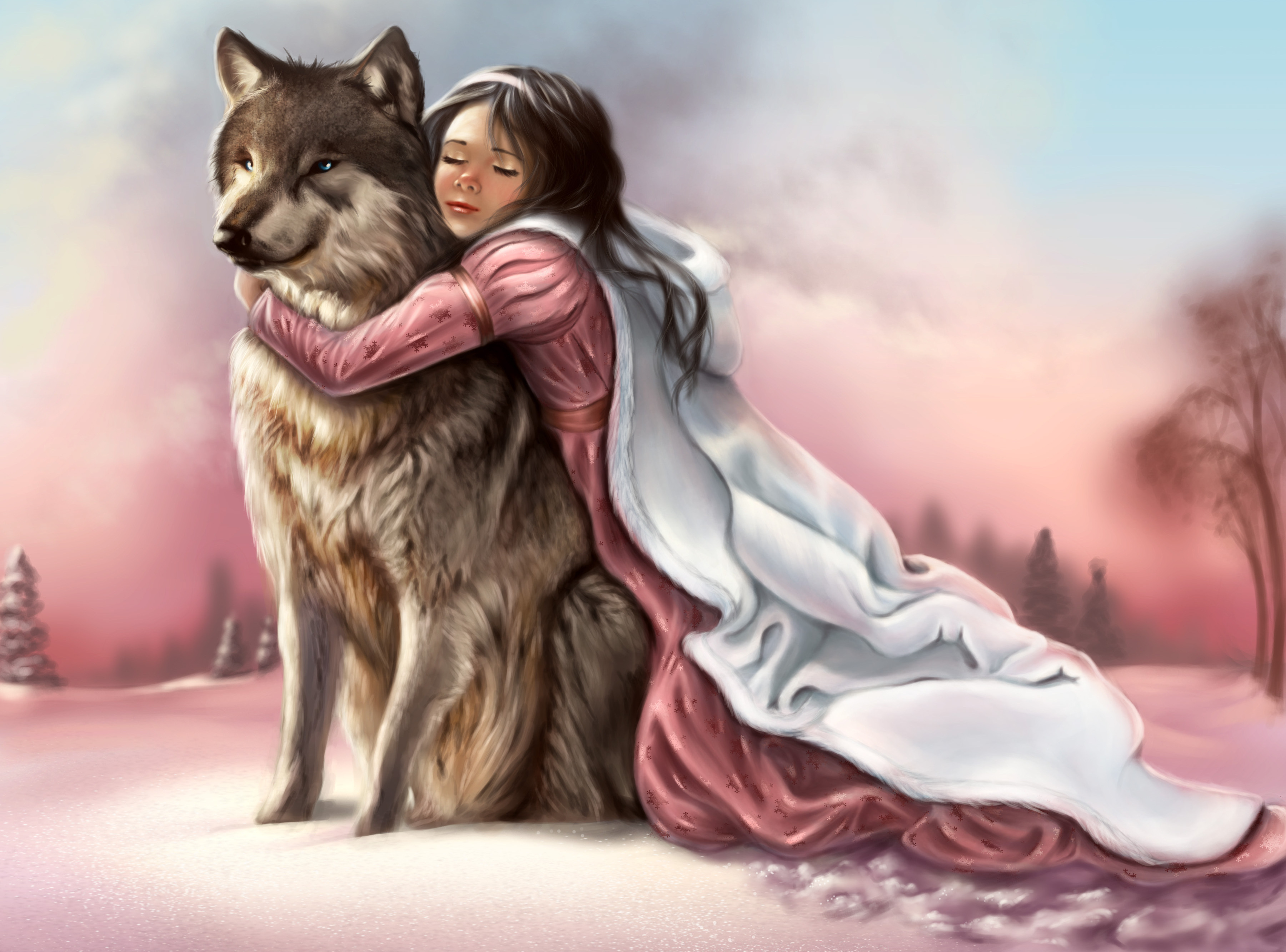 Painting Friend Hug Wolf Predator Winter HD Wallpaper Paint