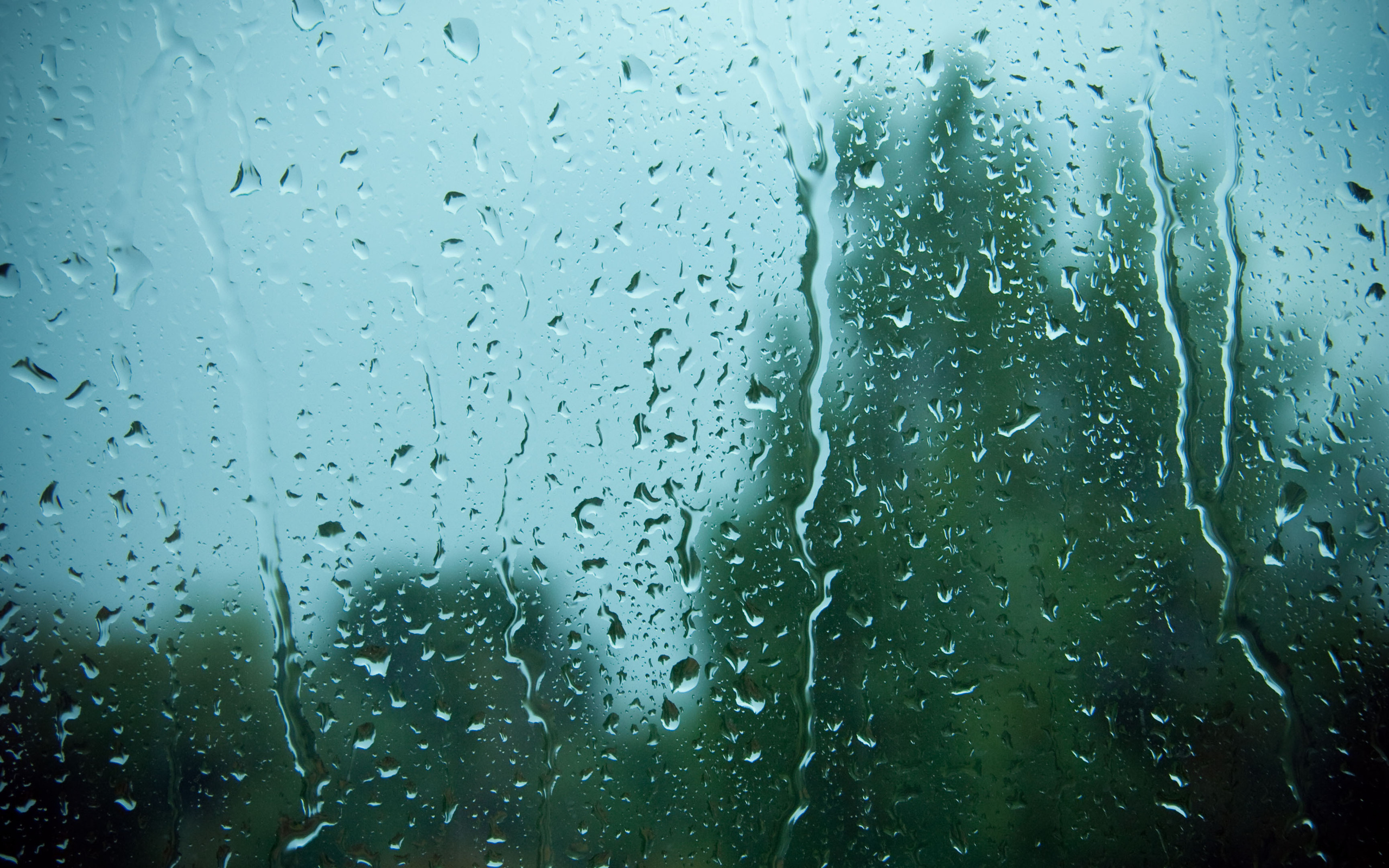 Close-up view of raindrops trickling down a windowpane, blurring the green foliage in the background on a rainy day