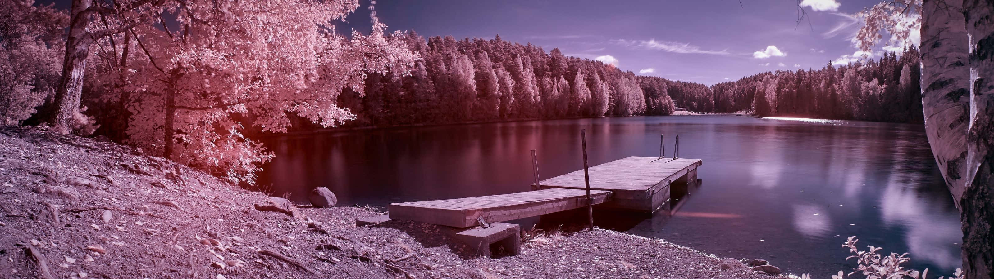Infrared Panoramic Landscape of Serene Lake with Wooden Dock