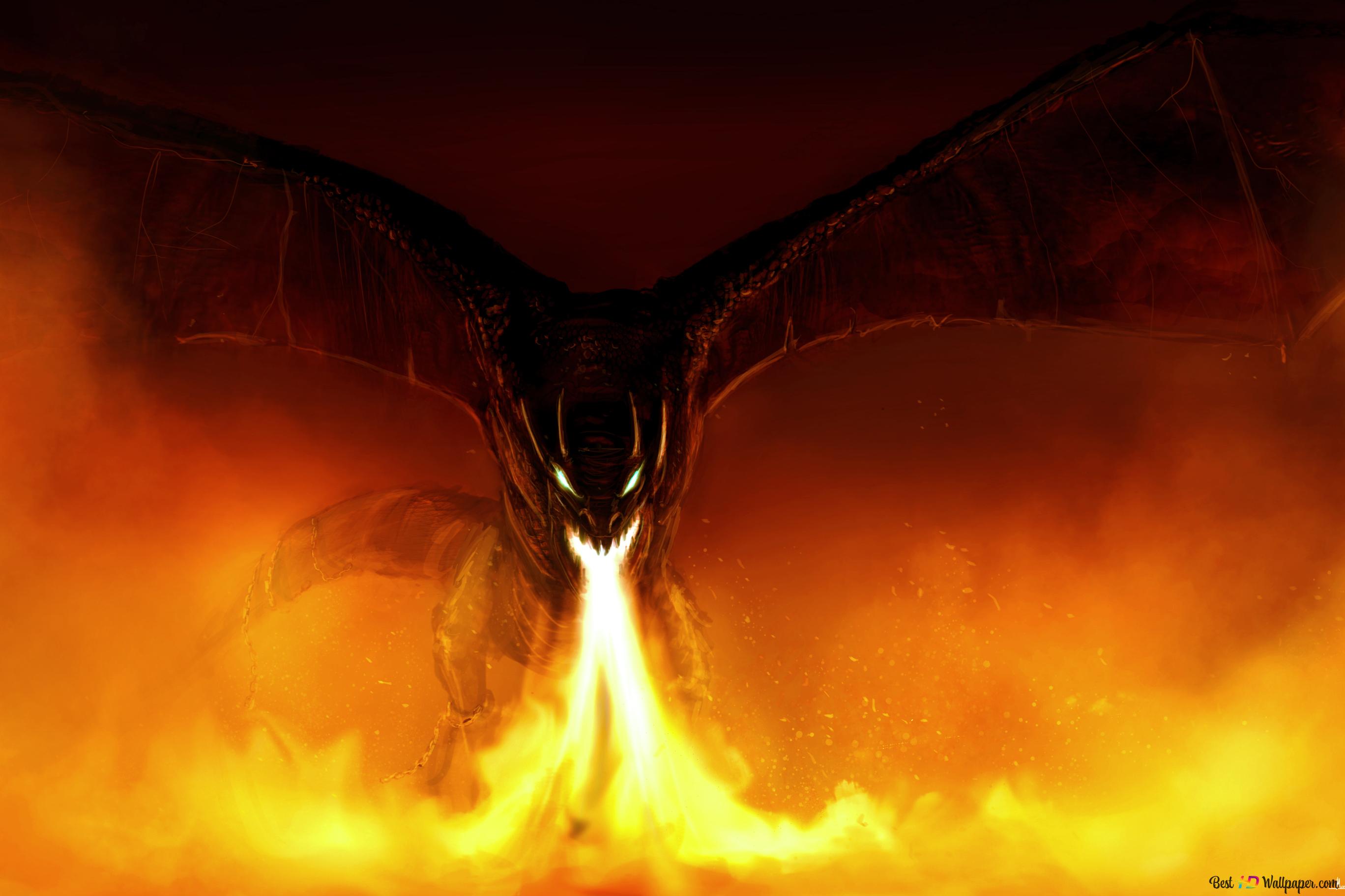 A fearsome dragon breathing fire, set against a backdrop of intense flames