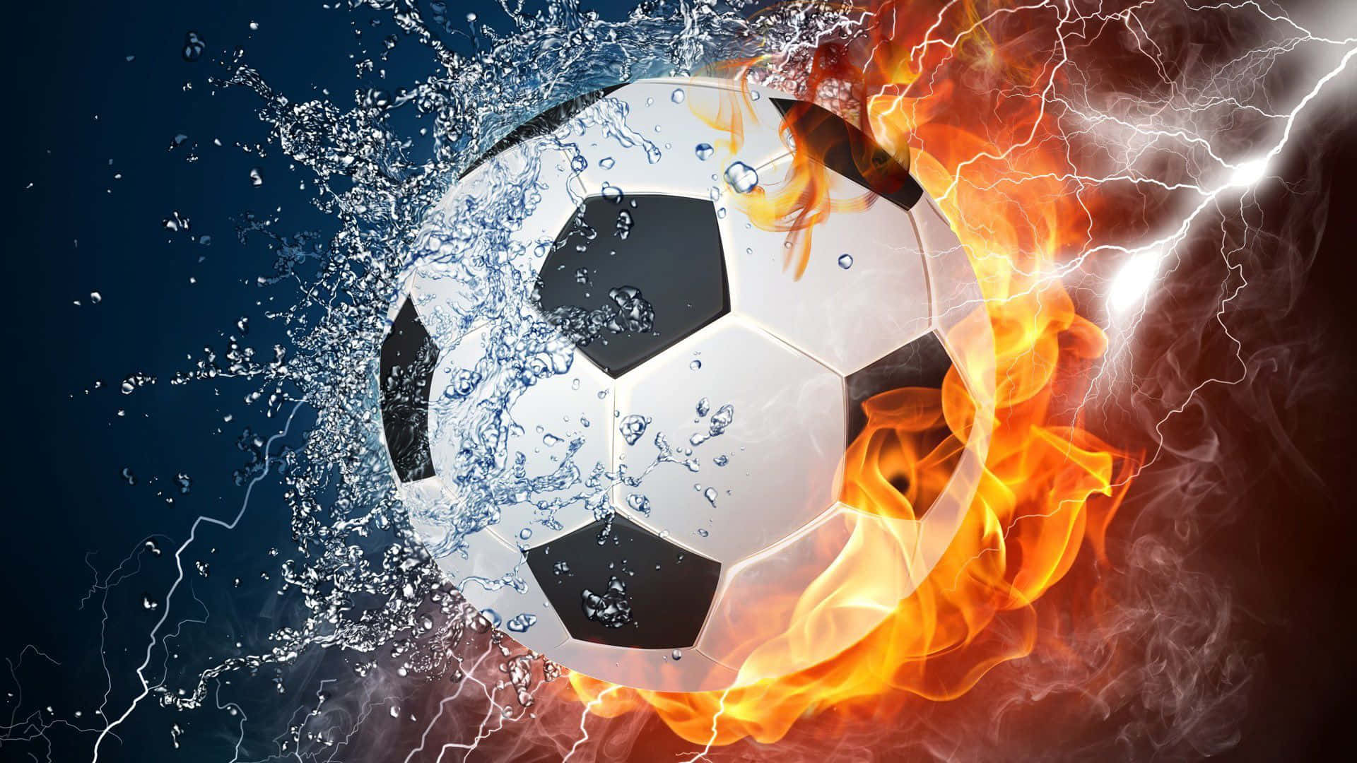 A soccer ball engulfed in flames and water splashes, symbolizing the intense energy and passion of the sport