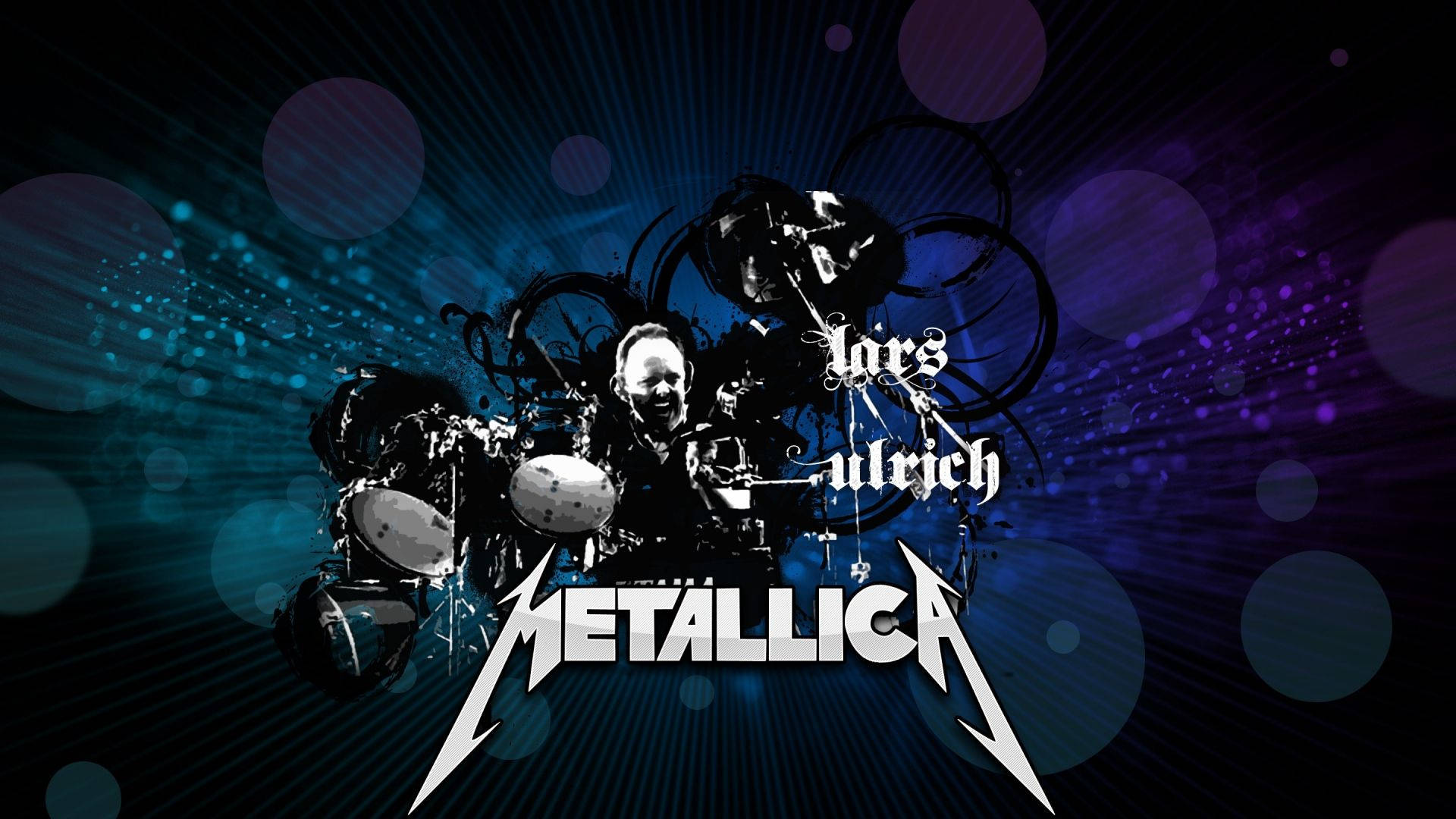 Lars Ulrich of Metallica behind his drum kit, with the band's logo prominently displayed