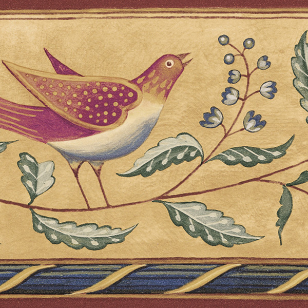 Beige Folk Art Floral And Bird Brewster Wallpaper Borders