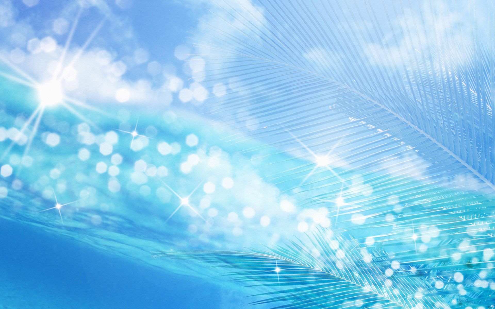 Light blue background with palm leaves and sparkling bokeh effect, creating a dreamy tropical seascape